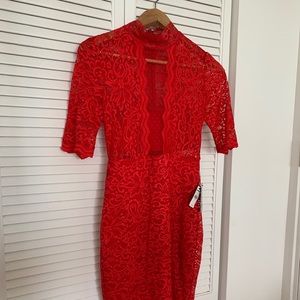 Red Lace Mock Neck Sheath Dress